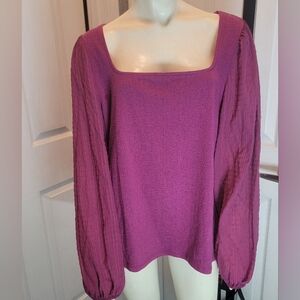 Ava & Viv Long Waffle Sleeve‎ Square Neck Plum Color Blouse